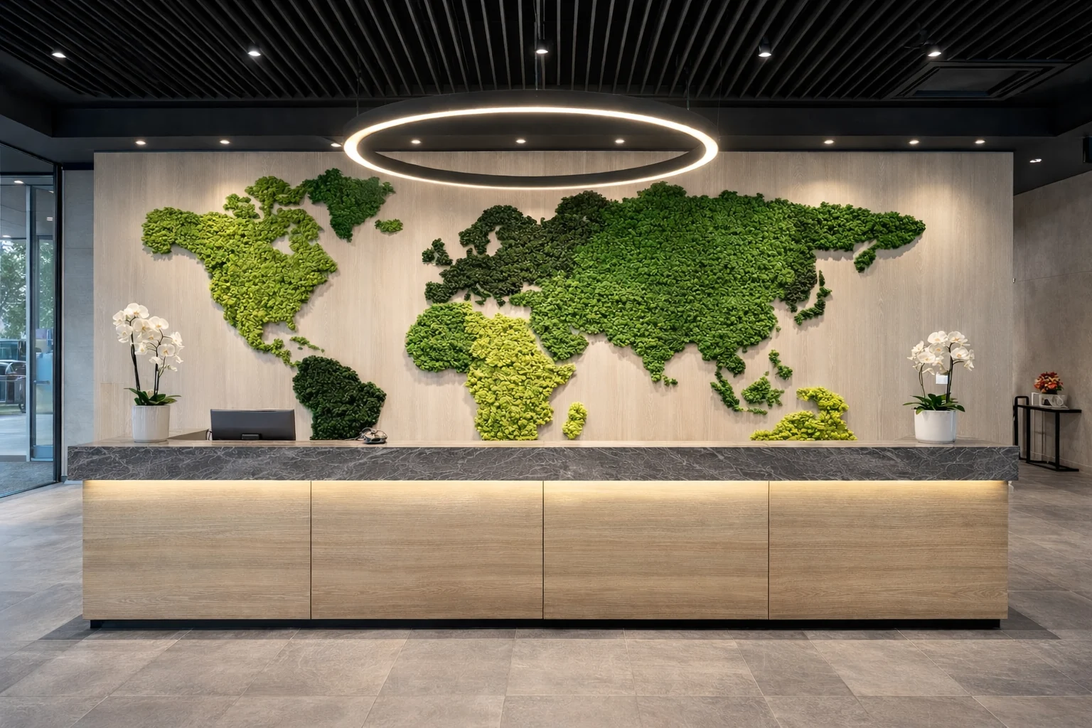 Completed custom preserved moss wall behind a reception counter